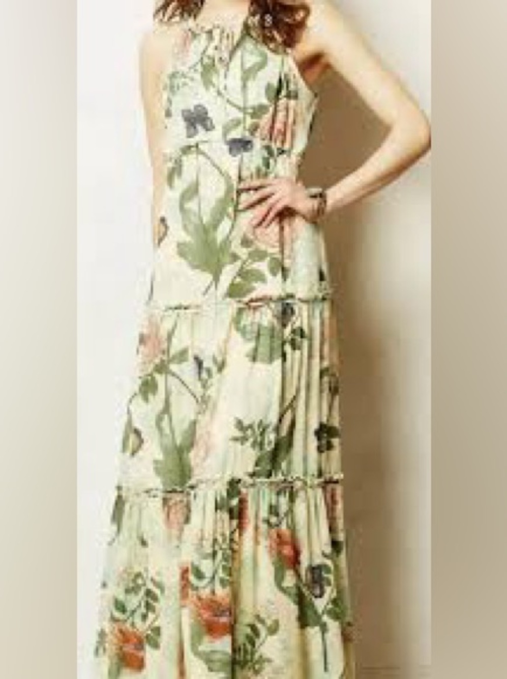 Maeve Green Floral Halter Tiered Maxi Dress